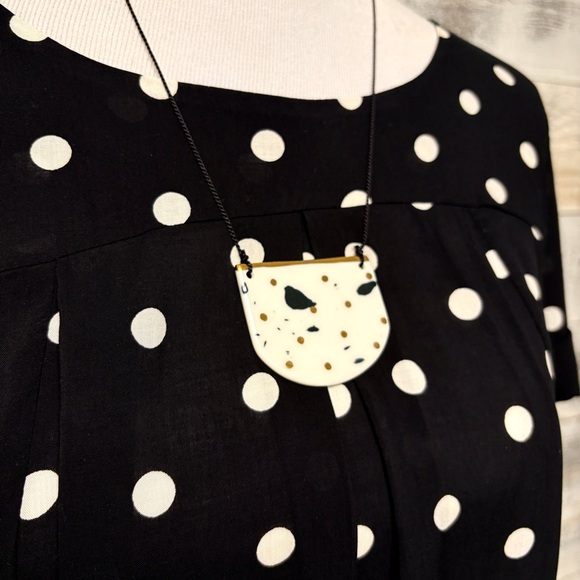 Anthropologie Ivory Ceramic Pendant Necklace Vintage Gold Dot Baubles Bijou Bits - Picture 5 of 12
